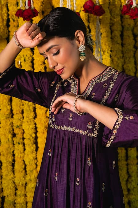 Shop Label Niti Bothra Purple Cupro V Neck Embroidered Kurta Palazzo Set Online at Aza Fashions Shop_Label Niti Bothra_Purple Cupro V Neck Embroidered Kurta Palazzo Set _Online_at_Aza_Fashions