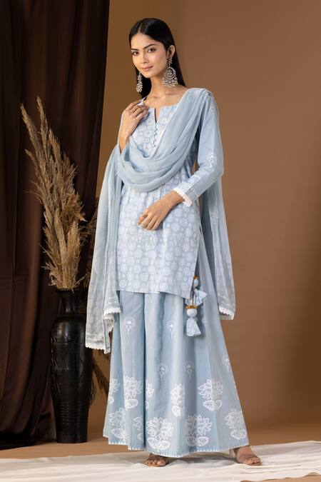 Abbaran Blue Cotton, Chiffon Lace, Tassels, Embroidery Flora Pattern Kurta Gharara Set Online at Aza Fashions Abbaran_Blue Cotton, Chiffon Lace, Tassels, Embroidery Flora Pattern Kurta Gharara Set _Online_at_Aza_Fashions