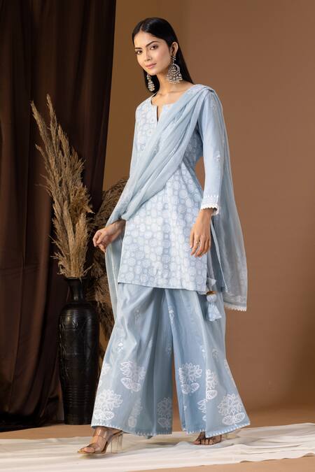 Buy Abbaran Blue Cotton, Chiffon Lace, Tassels, Embroidery Flora Pattern Kurta Gharara Set Online at Aza Fashions Buy_Abbaran_Blue Cotton, Chiffon Lace, Tassels, Embroidery Flora Pattern Kurta Gharara Set _Online_at_Aza_Fashions