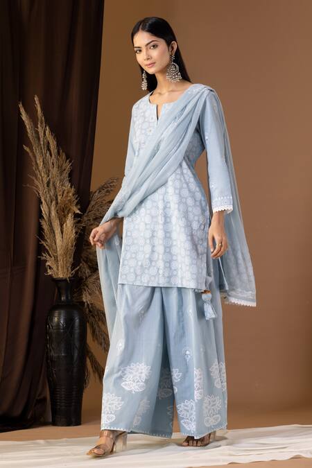 Shop Abbaran Blue Cotton, Chiffon Lace, Tassels, Embroidery Flora Pattern Kurta Gharara Set Online at Aza Fashions Shop_Abbaran_Blue Cotton, Chiffon Lace, Tassels, Embroidery Flora Pattern Kurta Gharara Set _Online_at_Aza_Fashions