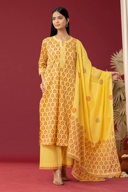 Abbaran Yellow Cotton Embroidery, Gota Patti Split V-neck Block Print Kurta Palazzo Set Online at Aza Fashions Abbaran_Yellow Cotton Embroidery, Gota Patti Split V-neck Block Print Kurta Palazzo Set _Online_at_Aza_Fashions