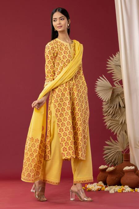 Shop Abbaran Yellow Cotton Embroidery, Gota Patti Split V-neck Block Print Kurta Palazzo Set Online at Aza Fashions Shop_Abbaran_Yellow Cotton Embroidery, Gota Patti Split V-neck Block Print Kurta Palazzo Set _Online_at_Aza_Fashions
