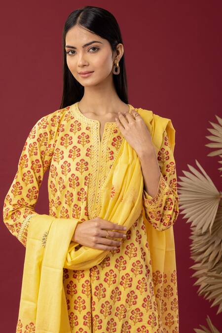 Abbaran Yellow Cotton Embroidery, Gota Patti Split V-neck Block Print Kurta Palazzo Set at Aza Fashions Abbaran_Yellow Cotton Embroidery, Gota Patti Split V-neck Block Print Kurta Palazzo Set _at_Aza_Fashions