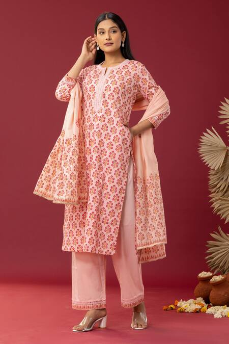 Abbaran Pink , Satin Lace, Gota Patti Floral Block Print Kurta Palazzo Set Online at Aza Fashions Abbaran_Pink , Satin Lace, Gota Patti Floral Block Print Kurta Palazzo Set _Online_at_Aza_Fashions