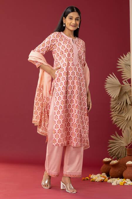 Shop Abbaran Pink , Satin Lace, Gota Patti Floral Block Print Kurta Palazzo Set Online at Aza Fashions Shop_Abbaran_Pink , Satin Lace, Gota Patti Floral Block Print Kurta Palazzo Set _Online_at_Aza_Fashions