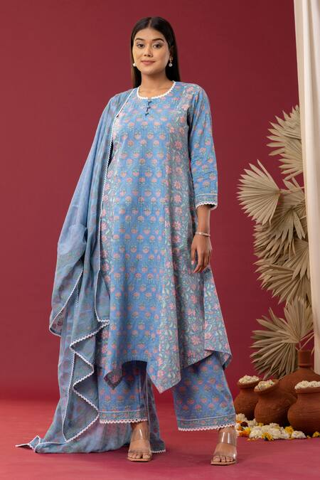 Abbaran Blue , Satin Lace, Embroidery Spring Block Kurta Palazzo Set Online at Aza Fashions Abbaran_Blue , Satin Lace, Embroidery Spring Block Kurta Palazzo Set _Online_at_Aza_Fashions