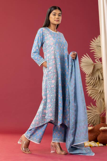Shop Abbaran Blue , Satin Lace, Embroidery Spring Block Kurta Palazzo Set Online at Aza Fashions Shop_Abbaran_Blue , Satin Lace, Embroidery Spring Block Kurta Palazzo Set _Online_at_Aza_Fashions