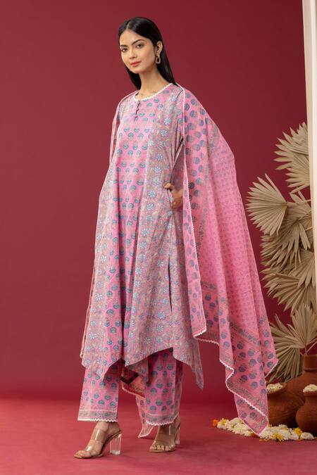 Shop_Abbaran_Pink Cotton Gota Patti Scoop Neck Spring Kurta Palazzo Set _Online_at_Aza_Fashions