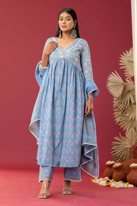 Abbaran_Blue Cotton Embroidery V-neck Floral Print Anarkali Palazzo Set _at_Aza_Fashions