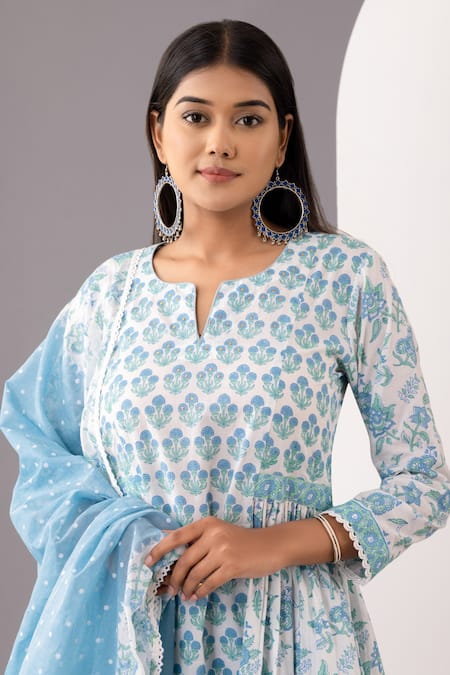 Shop_Abbaran_Blue , Satin Lace Split V-neck Hand Block Print Kurta Set _Online_at_Aza_Fashions
