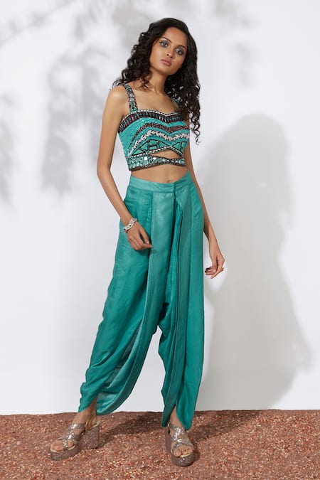 Shop Mehak Murpana Blue Net, Crepe Sweetheart Neck Embellished Pant Saree at Aza Fashions Shop_Mehak Murpana_Blue Net, Crepe Sweetheart Neck Embellished Pant Saree _at_Aza_Fashions