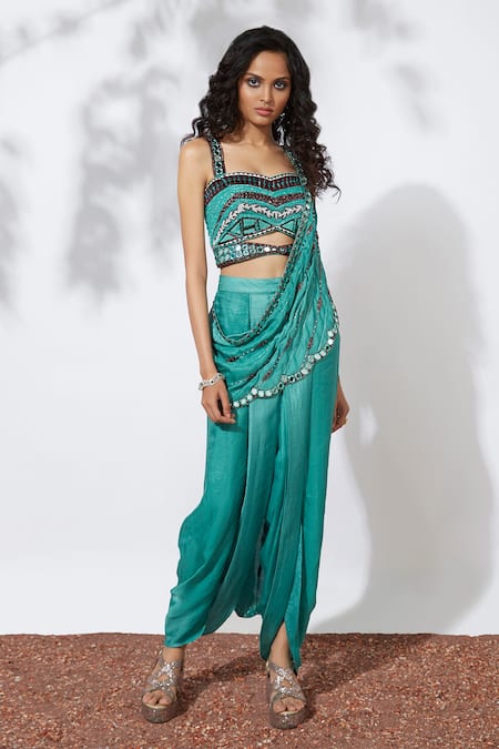 Mehak Murpana Blue Net, Crepe Sweetheart Neck Embellished Pant Saree Online at Aza Fashions Mehak Murpana_Blue Net, Crepe Sweetheart Neck Embellished Pant Saree _Online_at_Aza_Fashions