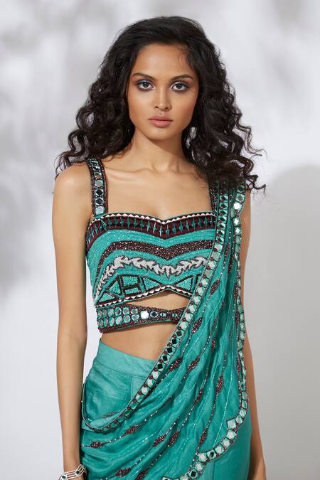 Buy Mehak Murpana Blue Net, Crepe Sweetheart Neck Embellished Pant Saree Online at Aza Fashions Buy_Mehak Murpana_Blue Net, Crepe Sweetheart Neck Embellished Pant Saree _Online_at_Aza_Fashions