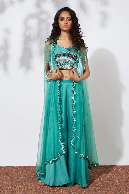 Mehak Murpana Blue Net, Crepe Leaf Neck Embellished Cape And Palazzo Set 
