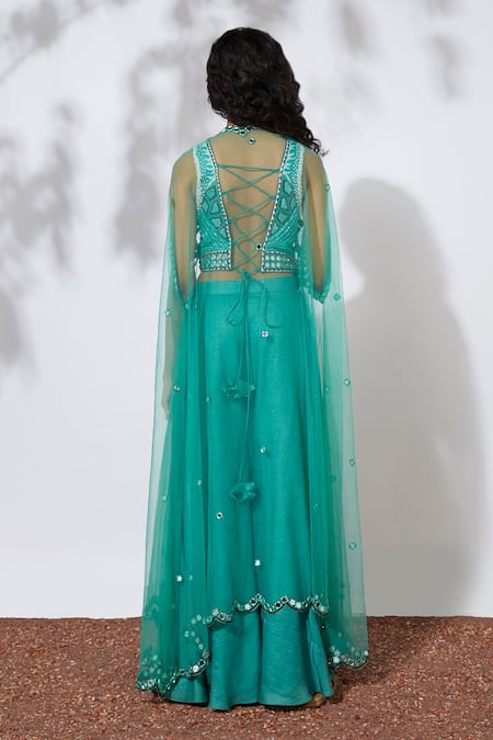 Shop Mehak Murpana Blue Net, Crepe Leaf Neck Embellished Cape And Palazzo Set at Aza Fashions Shop_Mehak Murpana_Blue Net, Crepe Leaf Neck Embellished Cape And Palazzo Set_at_Aza_Fashions
