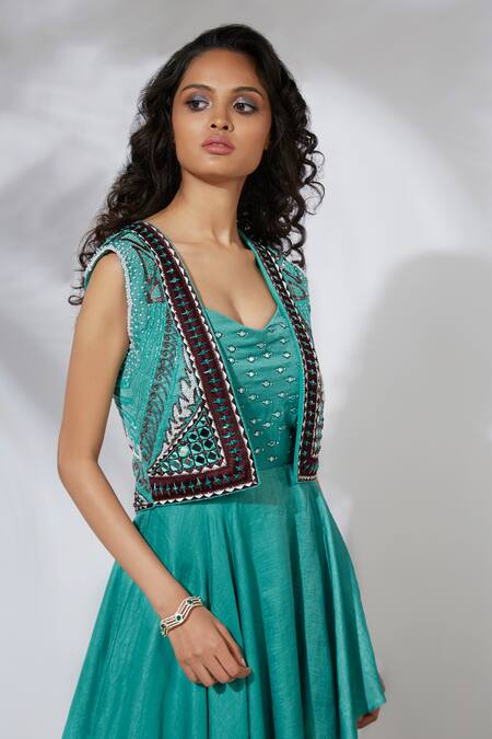 Mehak Murpana_Blue Crepe Jacket Open Gown V-neck Embroidered And Layered_Online_at_Aza_Fashions
