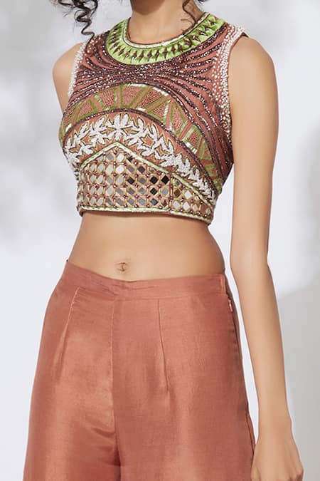 Buy_Mehak Murpana_Brown Crepe Round Embroidered Top And Sharara Set_Online_at_Aza_Fashions
