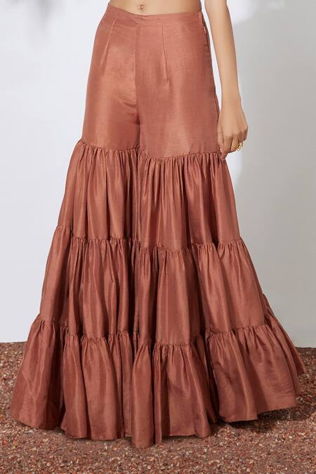 Shop_Mehak Murpana_Brown Crepe Round Embroidered Top And Sharara Set_Online_at_Aza_Fashions