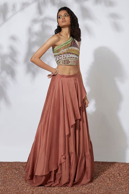 Buy Oyster Organza Layered Skirt With Sleeveless Hand Embroidered Crop Top  KALKI Fashion India