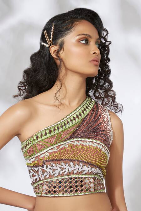 Shop_Mehak Murpana_Brown Crepe One Shoulder Layered Lehenga Set _Online_at_Aza_Fashions