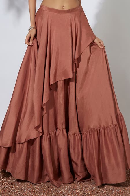 Mehak Murpana_Brown Crepe One Shoulder Layered Lehenga Set _at_Aza_Fashions