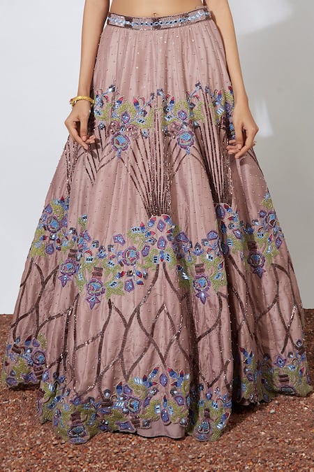 Buy_Mehak Murpana_Pink Crepe Sweetheart Neck Embroidered Blouse And Lehenga Set_Online_at_Aza_Fashions