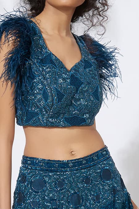Shop_Mehak Murpana_Blue Raw Silk Leaf Neck Crop Top And Lehenga Set_Online_at_Aza_Fashions