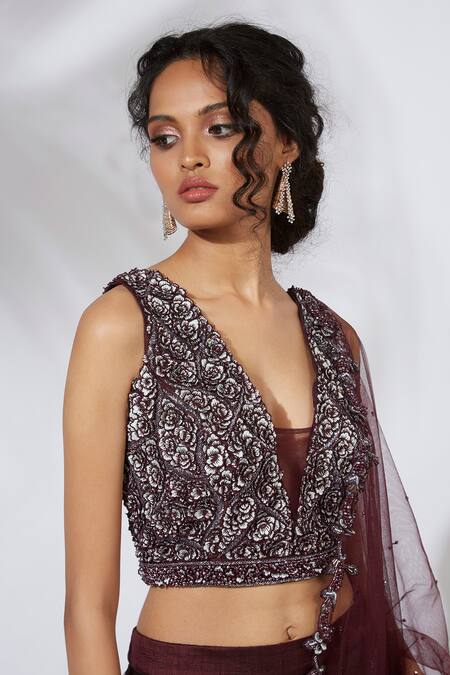 Mehak Murpana_Maroon Raw Silk, Net V Neck Embroidered Lehenga Set_Online_at_Aza_Fashions