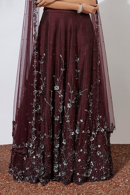 Shop_Mehak Murpana_Maroon Raw Silk, Net V Neck Embroidered Lehenga Set_Online_at_Aza_Fashions