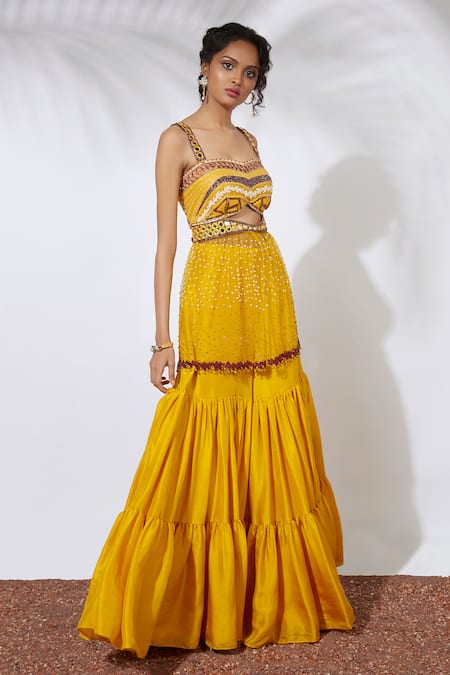 Shop_Mehak Murpana_Yellow Net, Crepe Sweetheart Neck Embroidered Bustier And Sharara Set _at_Aza_Fashions