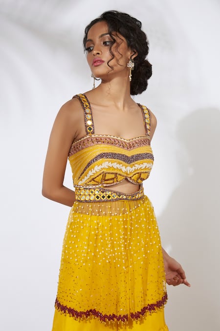 Mehak Murpana_Yellow Net, Crepe Sweetheart Neck Embroidered Bustier And Sharara Set _Online_at_Aza_Fashions