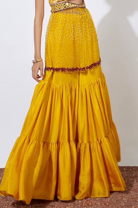 Buy_Mehak Murpana_Yellow Net, Crepe Sweetheart Neck Embroidered Bustier And Sharara Set _Online_at_Aza_Fashions