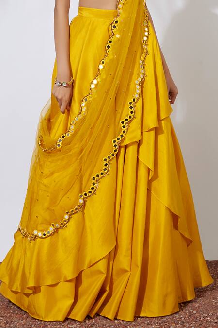 Buy_Mehak Murpana_Yellow Net, Crepe Leaf Neck Layered Lehenga Set_Online_at_Aza_Fashions