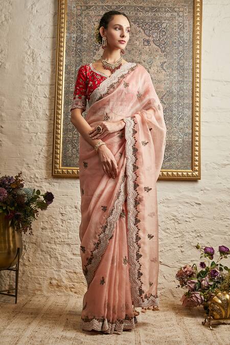Hand Embroidered Blouse Satin Georgette Shimmer Saree in Peach : SECA46