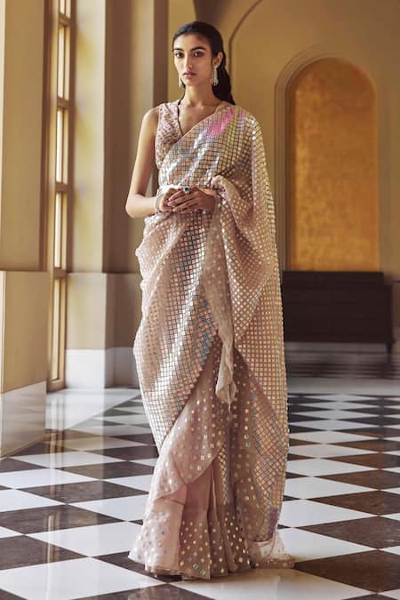 Pankaj & Nidhi_Pink Lining Satin, Saree Silk Organza Blouse Tulle Scoop Embellished With_Online_at_Aza_Fashions