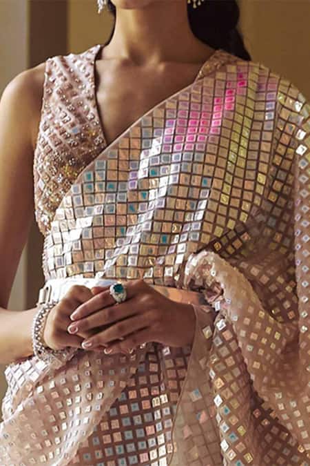 Buy_Pankaj & Nidhi_Pink Lining Satin, Saree Silk Organza Blouse Tulle Scoop Embellished With_Online_at_Aza_Fashions