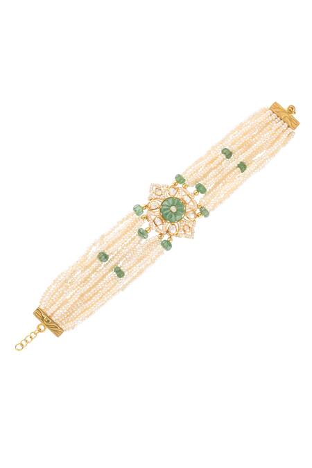 Shop_Zeeya Luxury Jewellery_Gold Plated Semi Precious Stones Multi Pearl Layered Bracelet_at_Aza_Fashions