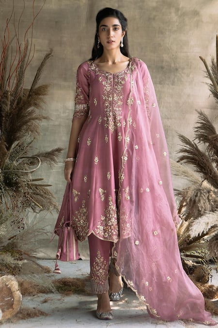 Rachit Khanna Pink Silk, Organza Round Embroidered Anarkali Set 