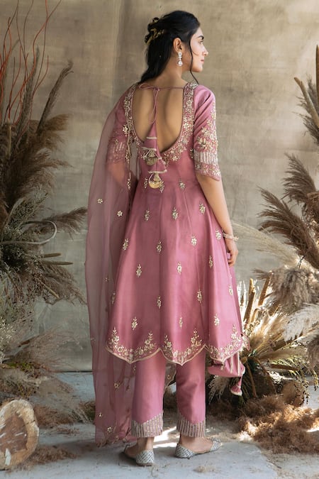 Shop Rachit Khanna Pink Silk, Organza Round Embroidered Anarkali Set at Aza Fashions Shop_Rachit Khanna_Pink Silk, Organza Round Embroidered Anarkali Set _at_Aza_Fashions