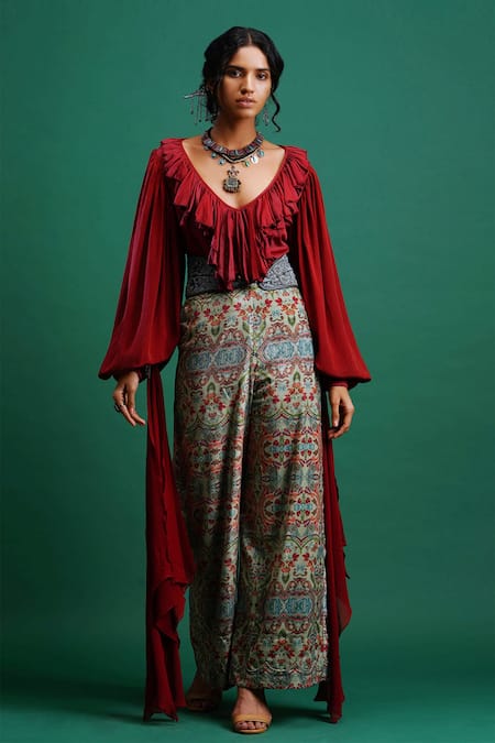 Nidhi Yasha_Maroon Viscose V Neck Embroidered Top _Online_at_Aza_Fashions