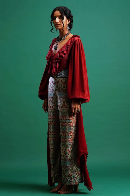 Buy_Nidhi Yasha_Maroon Viscose V Neck Embroidered Top _Online_at_Aza_Fashions