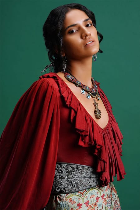 Shop_Nidhi Yasha_Maroon Viscose V Neck Embroidered Top _Online_at_Aza_Fashions