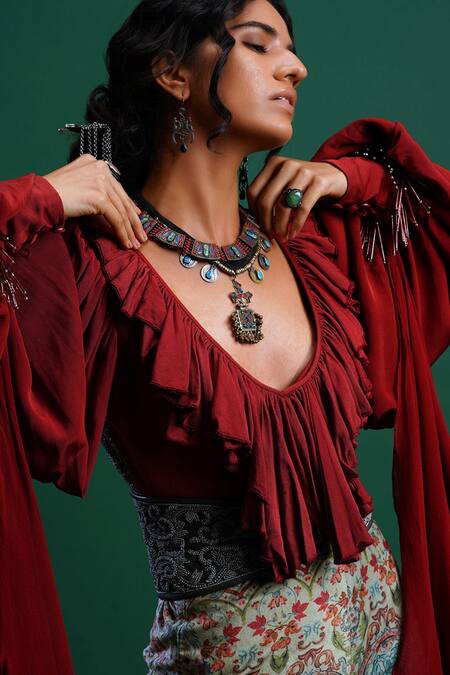 Nidhi Yasha_Maroon Viscose V Neck Embroidered Top _at_Aza_Fashions