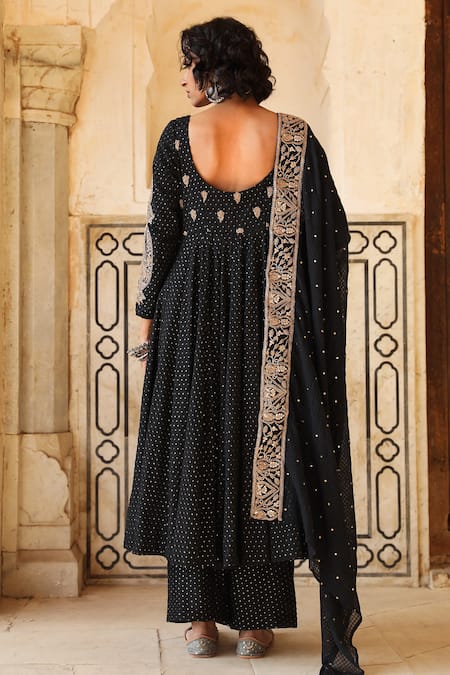 Shop Gulabo Jaipur Black Cotton Kasab, Dabka Work, Zardozi Scoop Zohra Embroidered Anarkali Set at Aza Fashions Shop_Gulabo Jaipur_Black Cotton Kasab, Dabka Work, Zardozi Scoop Zohra Embroidered Anarkali Set _at_Aza_Fashions