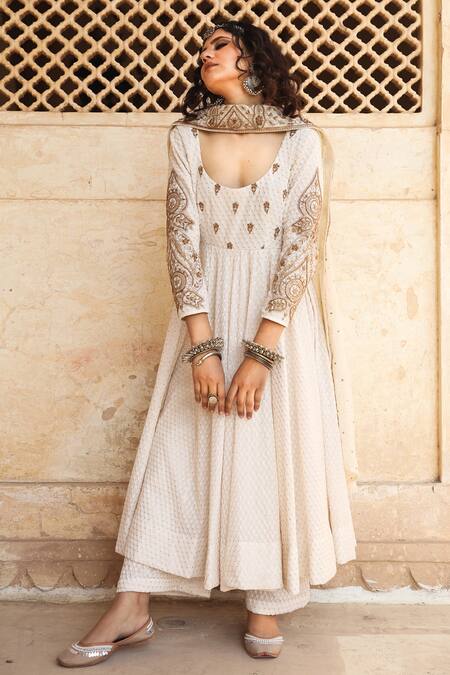 Buy_Gulabo Jaipur_White Cotton Kasab, Dabka Work, Zardozi Scoop Zohra Embroidered Anarkali Set _Online_at_Aza_Fashions