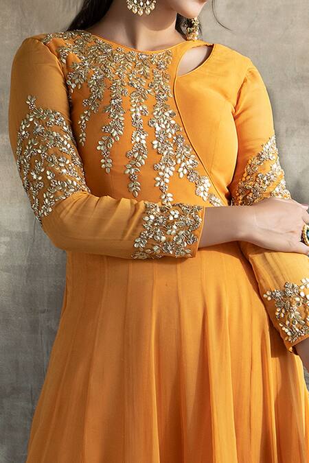 Rachit Khanna_Yellow Georgette Round Embroidered Anarkali And Pant Set _Online_at_Aza_Fashions