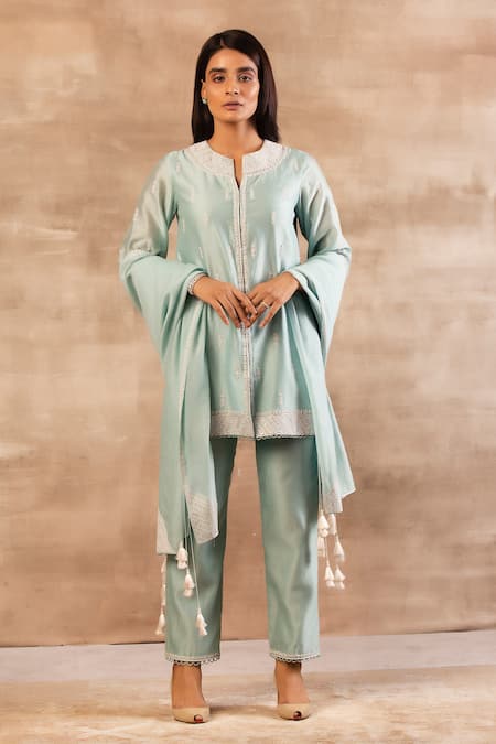 Buy Sana Barreja Blue Chanderi Silk Round Kurta Set Online at Aza Fashions Buy_Sana Barreja_Blue Chanderi Silk Round Kurta Set _Online_at_Aza_Fashions