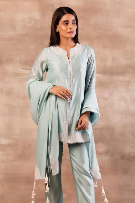 Sana Barreja Blue Chanderi Silk Round Kurta Set at Aza Fashions Sana Barreja_Blue Chanderi Silk Round Kurta Set _at_Aza_Fashions