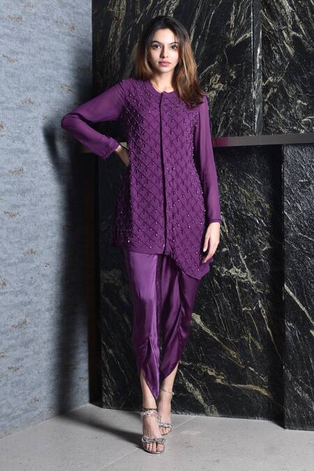 Shop_Seams Pret And Couture_Purple Georgette, Shantoon And Grand Satin Embroidered Tunic & Dhoti Pant Set _at_Aza_Fashions