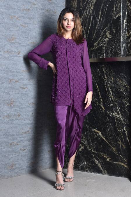 Seams Pret And Couture_Purple Georgette, Shantoon And Grand Satin Embroidered Tunic & Dhoti Pant Set _Online_at_Aza_Fashions
